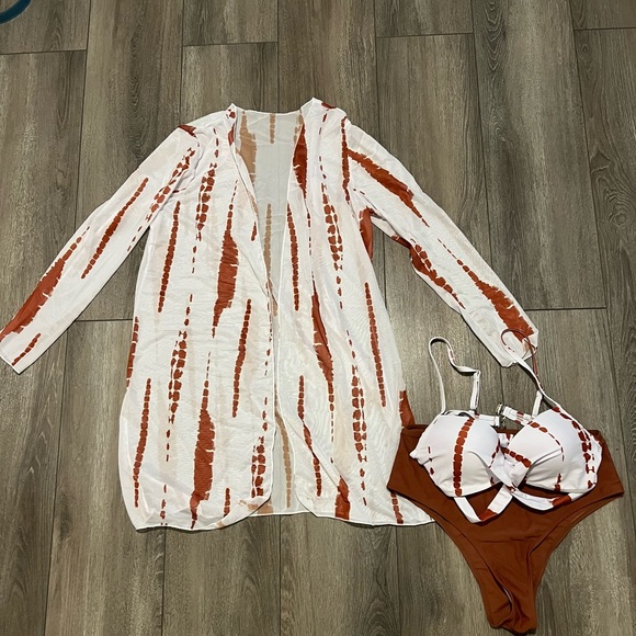 SHEIN Size L 3 piece Brown Tie Dye Crisscross Tie Back Push Up Bikini Swimsuit - Picture 5 of 13